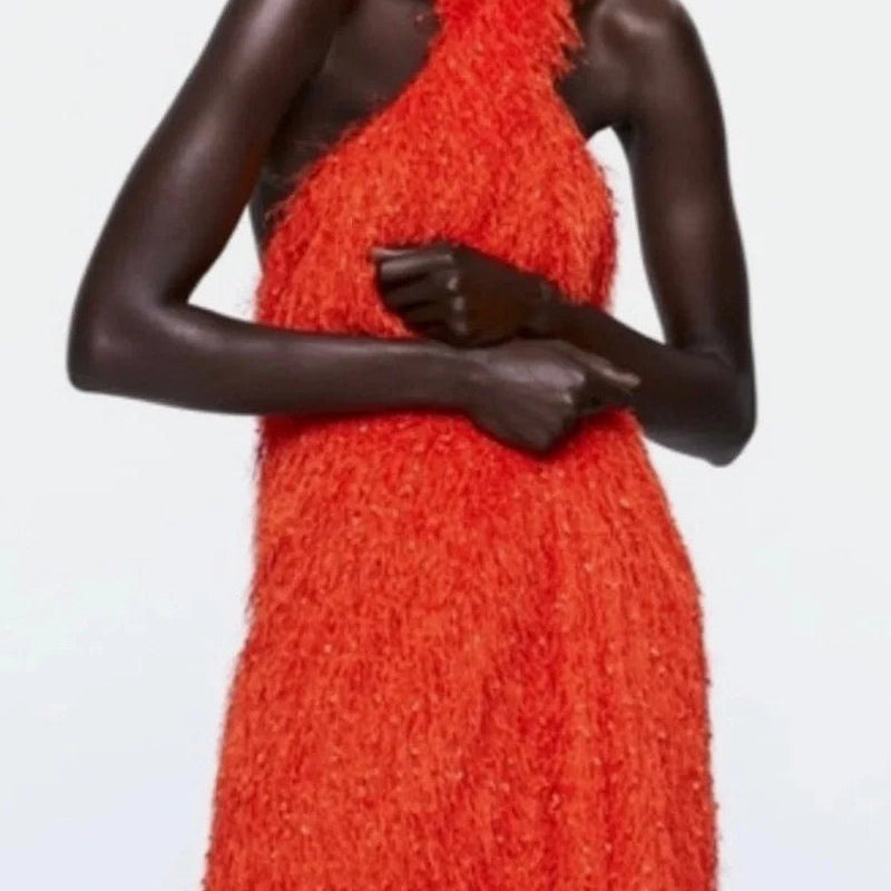 zara orange halter dress HALTER MIDI DRESS WITH TRIM - Coral red